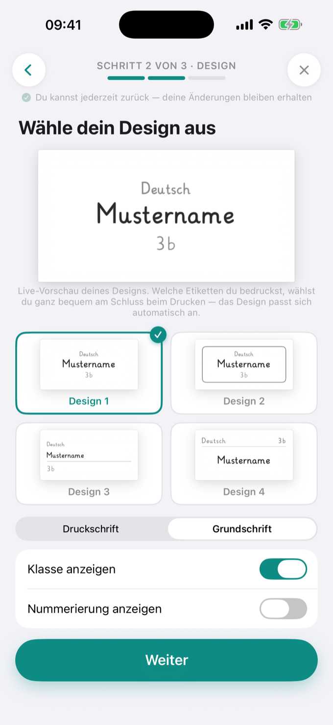 App-Screen: Design auswählen