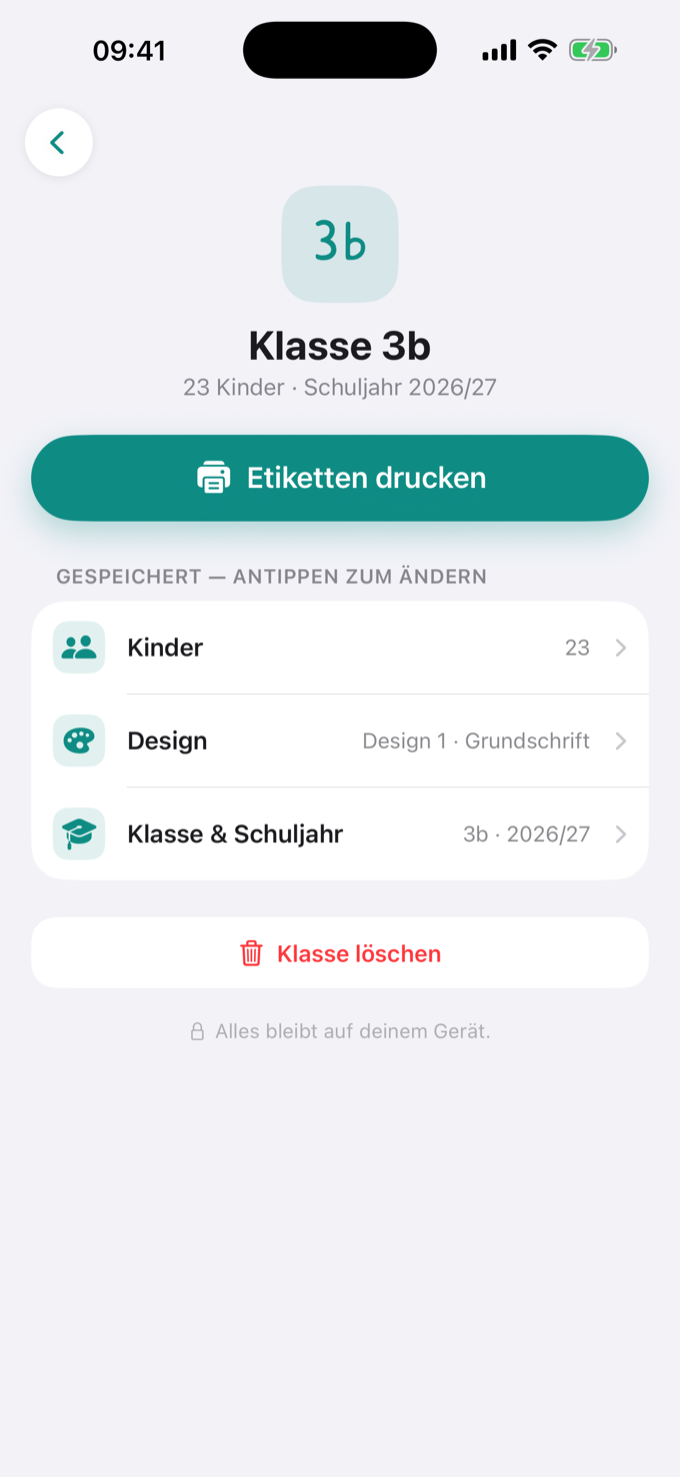 App-Screen: Klasse 3b mit Etiketten-drucken-Knopf